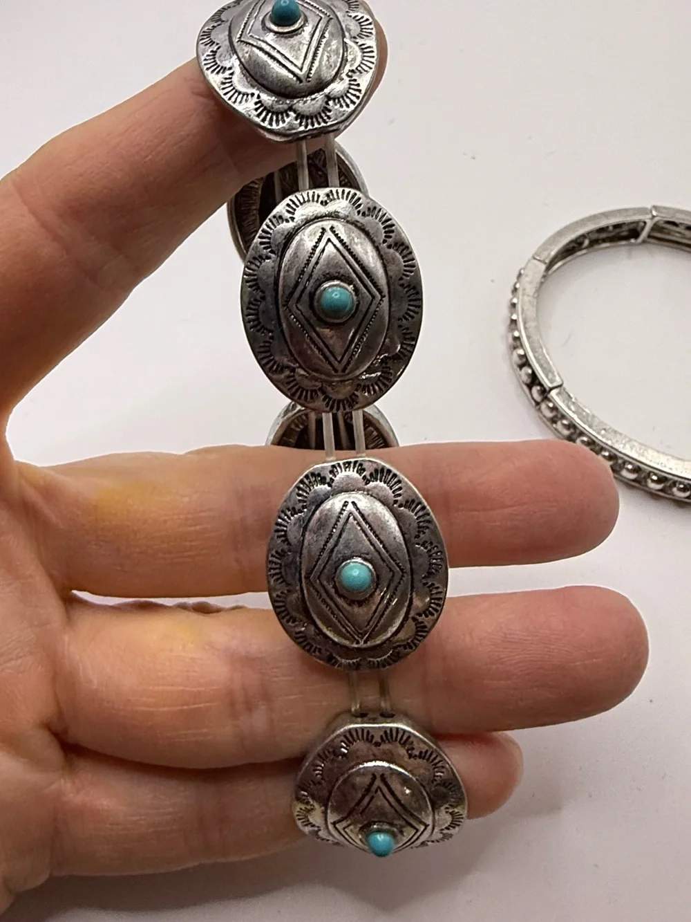 Silver Tones Faux Turquoise Concho Cuff Bracelet - Silver Beaded Stretch Set 2